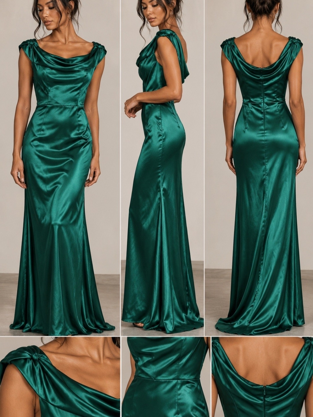 Emerald Satin Cowl Neck Maxi Dress
